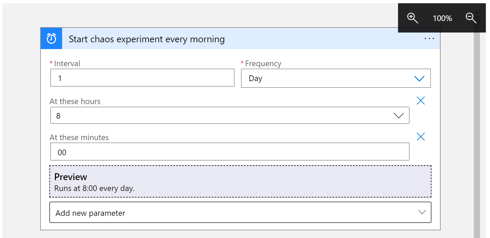 Screenshot that shows the action properties set to the values as described in the following table.