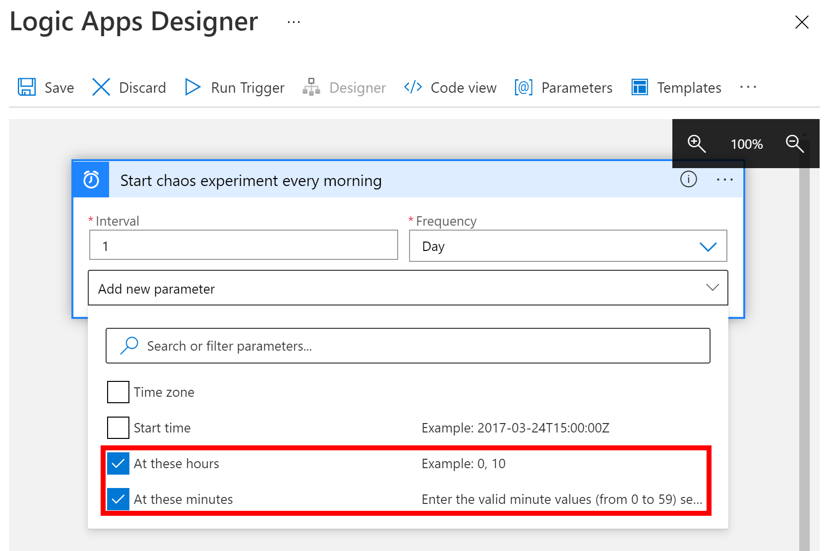 Screenshot that shows the opened Add new parameter list and these selected properties: On these days, At these hours, and At these minutes.