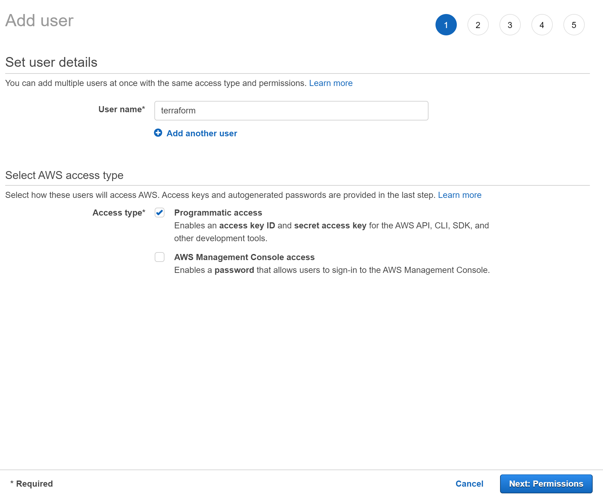 Second screenshot of how to create a new user in an AWS cloud console.