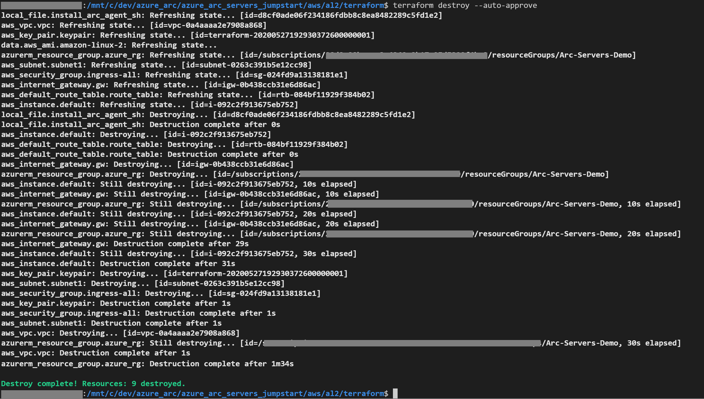 A screenshot of the terraform destroy command.