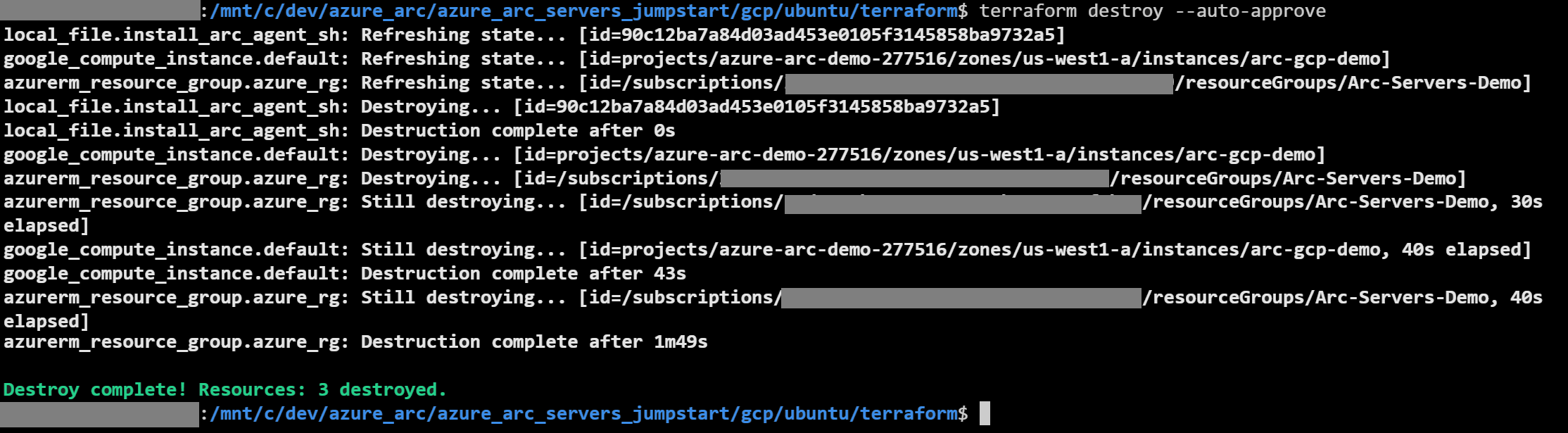 A screenshot of the terraform destroy command.
