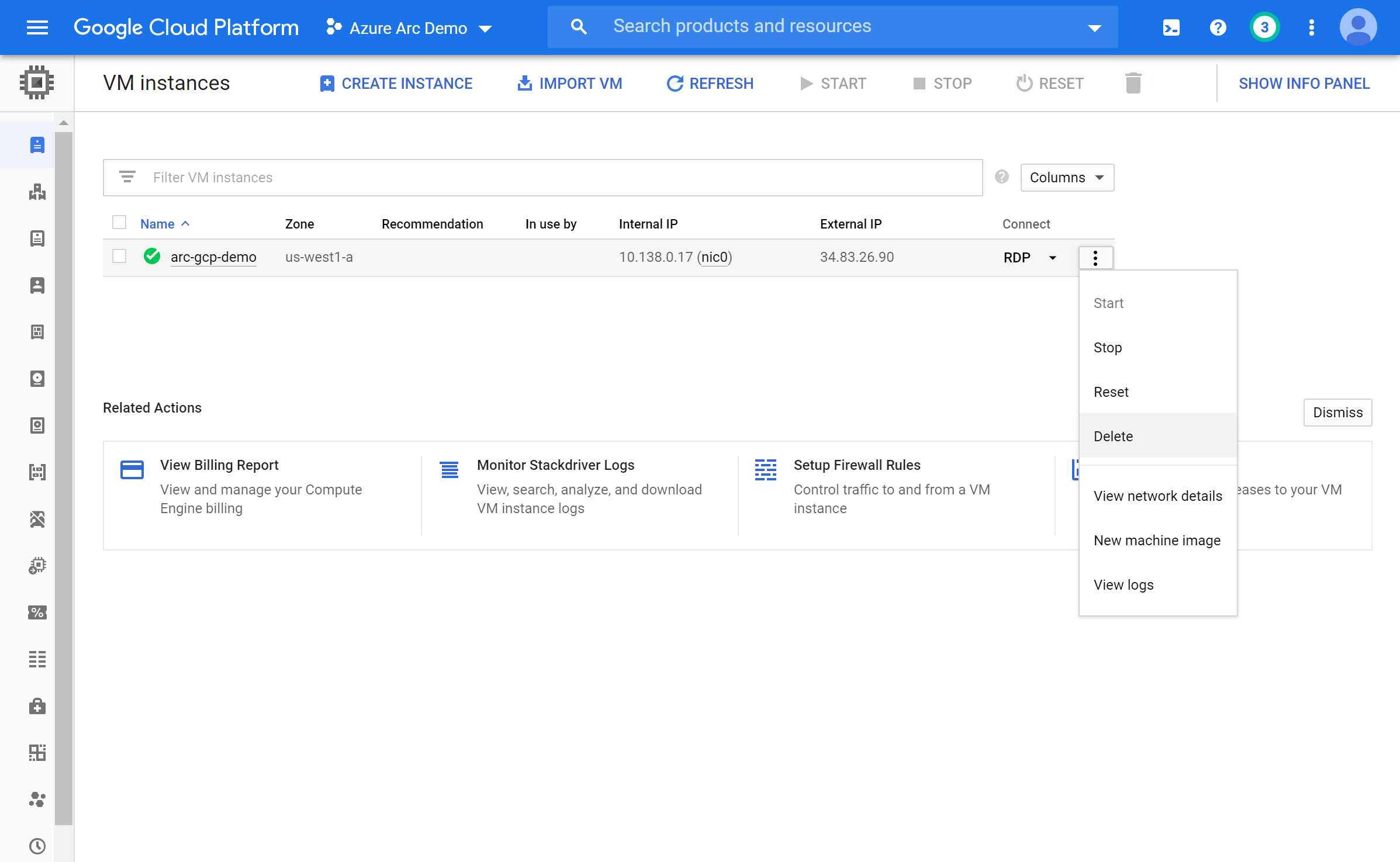 A screenshot showing how to delete a virtual machine from the GCP console.