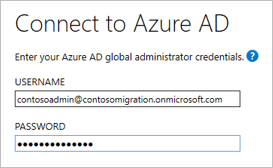 Képernyőkép az Azure AD Connect varázsló Csatlakozás az Azure AD-hez lapjáról.