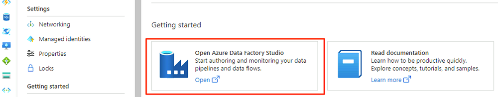 Képernyőkép az Azure Data Factory Studio megnyitásáról.