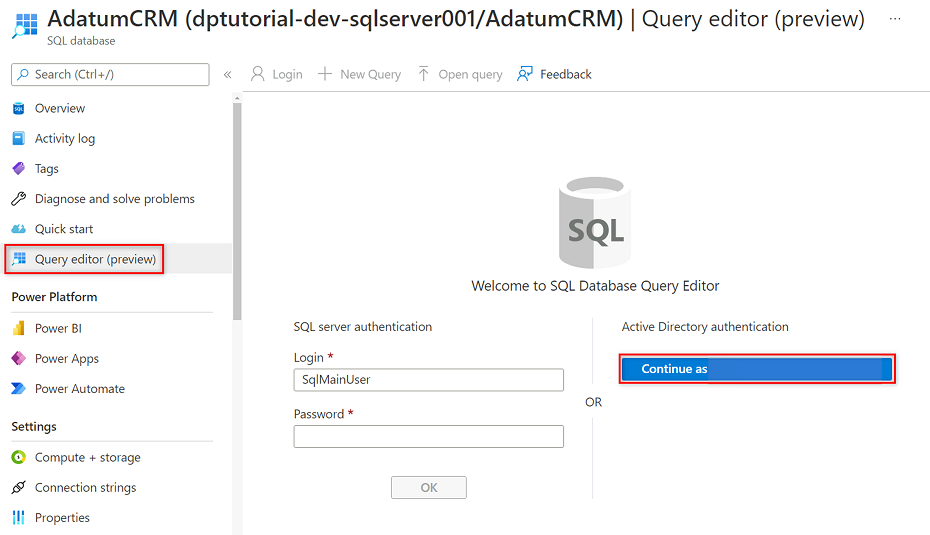 Képernyőkép arról, hogyan jelentkezhet be a lekérdezésszerkesztőbe Active Directory-hitelesítéssel.
