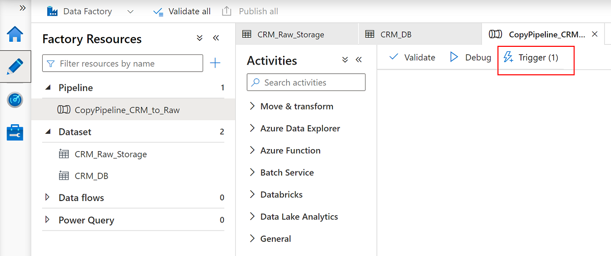 Képernyőkép arról, hogyan másolhat adatokat az SQL Database-ből a Data Lake Storage Gen2-be az eseményindító eszközzel.