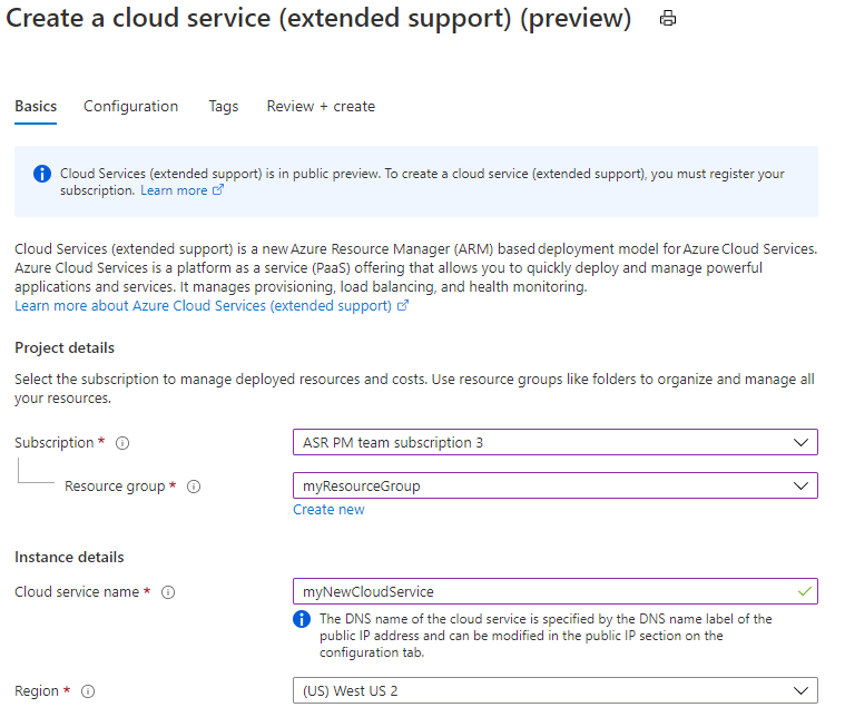 Képernyőkép a Cloud Services új példányának (kiterjesztett támogatás) létrehozásához a menü Létrehozás elemének kiválasztásáról.