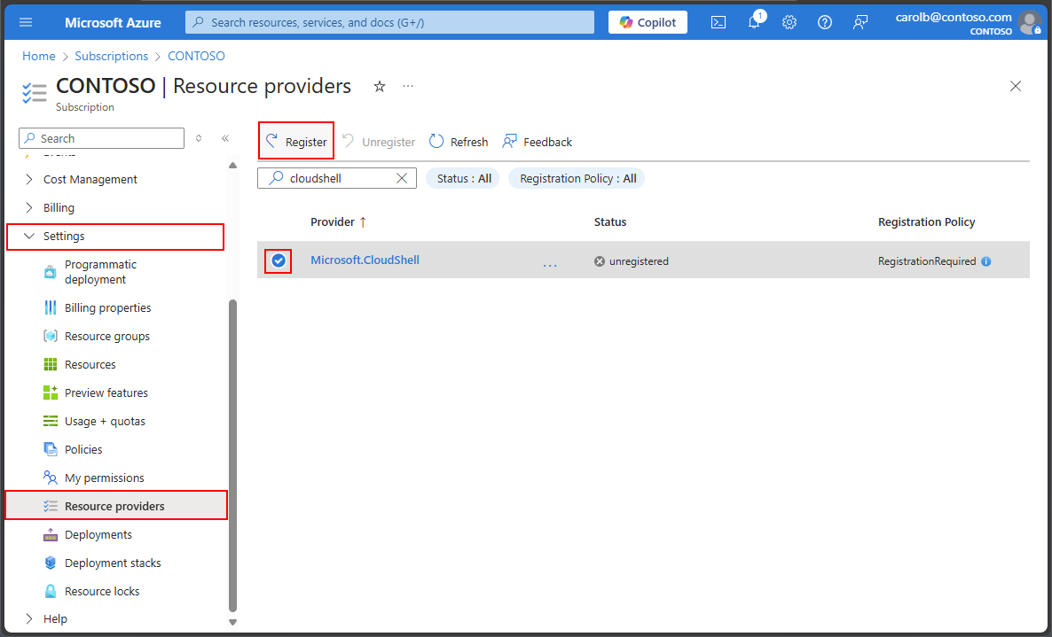 Képernyőkép az erőforrás-szolgáltatók kiválasztásáról az Azure Portalon.