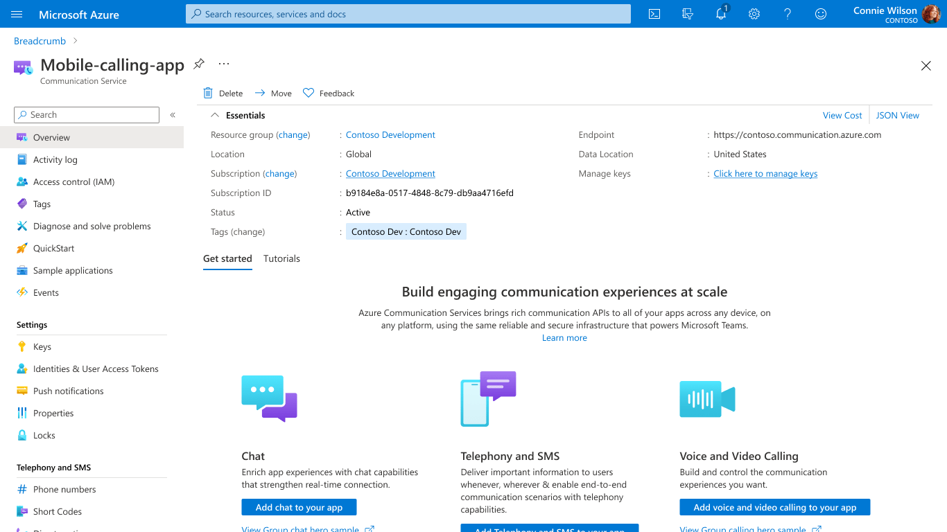 A Communication Services-erőforrás főoldalát bemutató képernyőkép.