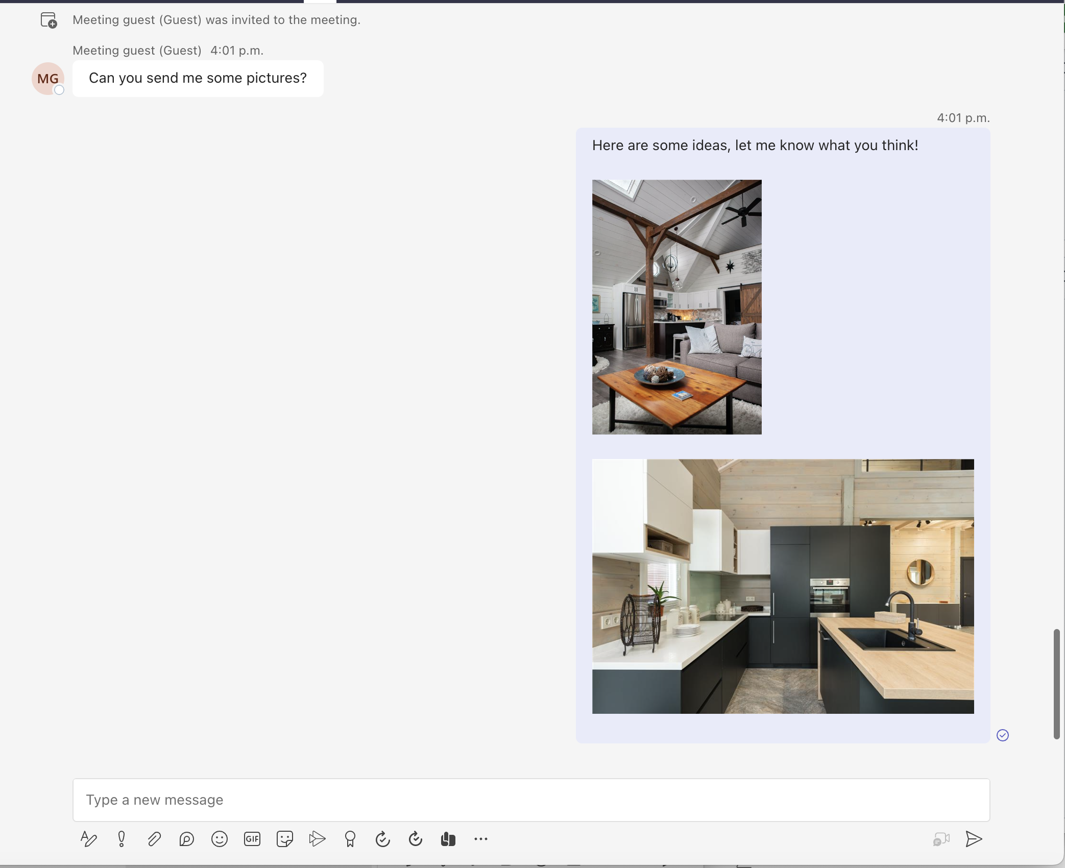 Képernyőkép egy Teams-ügyfélről a következő üzenettel: Íme néhány ötlet, tudassa velem, mit gondol! Az üzenet két beágyazott képet is tartalmaz a szoba belső makettjeiről.