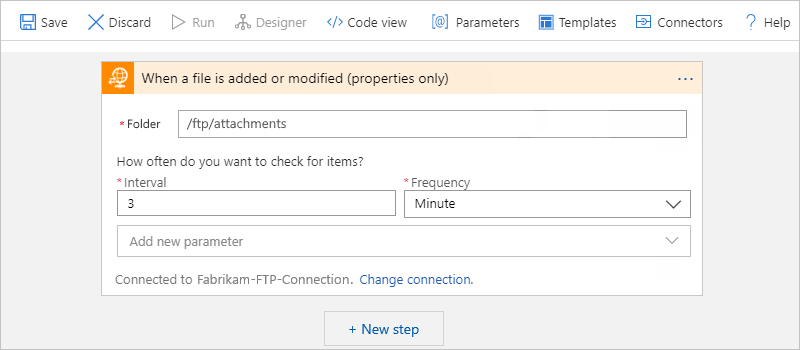 Screenshot shows Consumption workflow designer, FTP trigger, and 