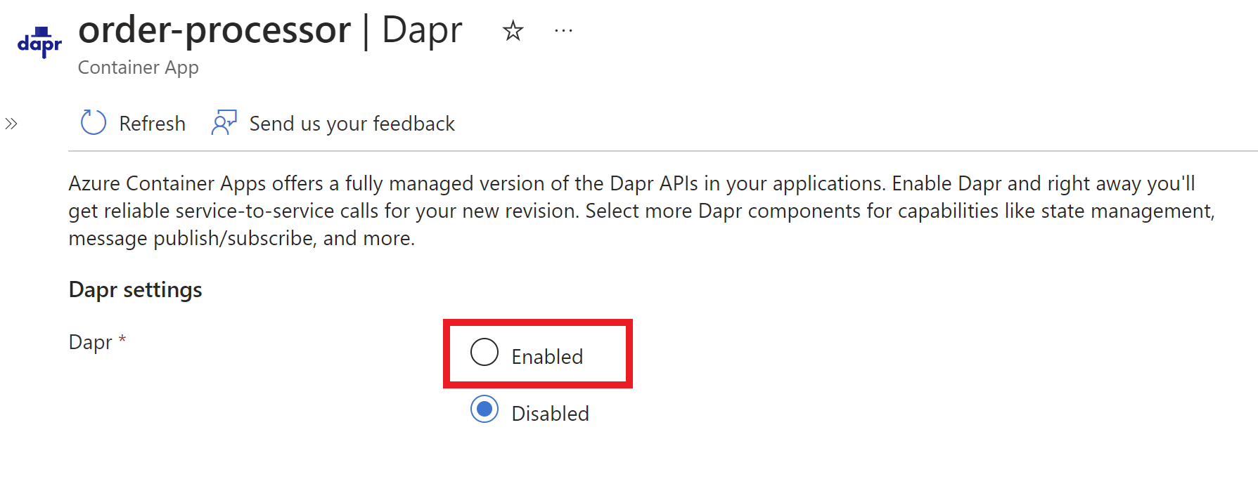 Screenshot of Dapr being disabled by default and where to click to enable it.