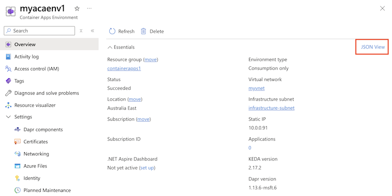 A környezetet megjelenítő Azure portál képernyőképe a JSON Nézet gomb kiemelésével.