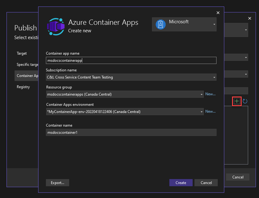 Képernyőkép az új Container Apps létrehozásáról.