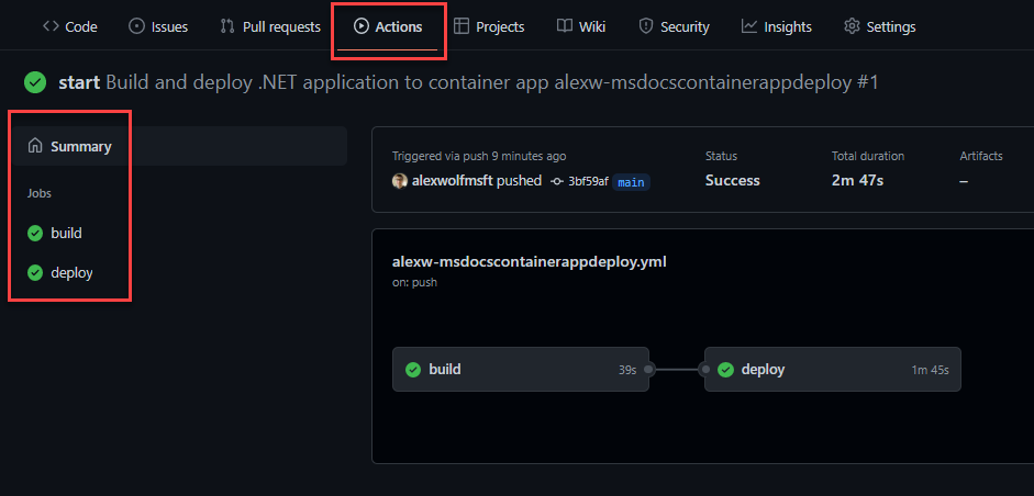 Képernyőkép a GitHub-műveletekről.
