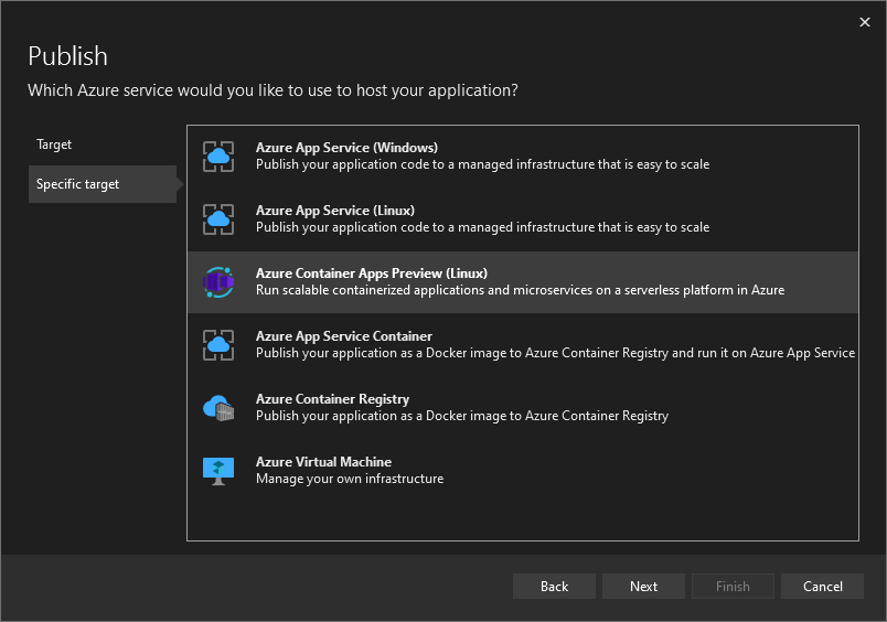 Képernyőkép a Container Apps kiválasztásáról.