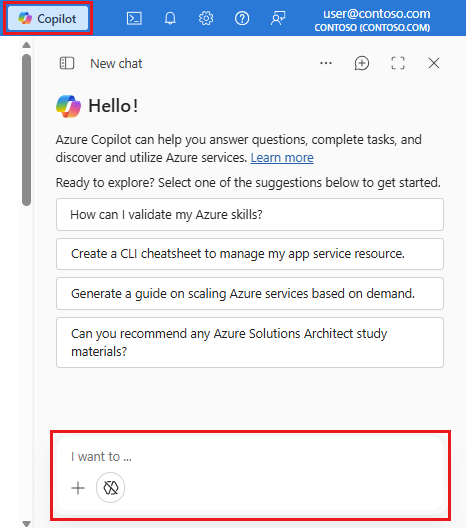 Képernyőkép a Copilot ikonról és panelről az Azure Portalon.
