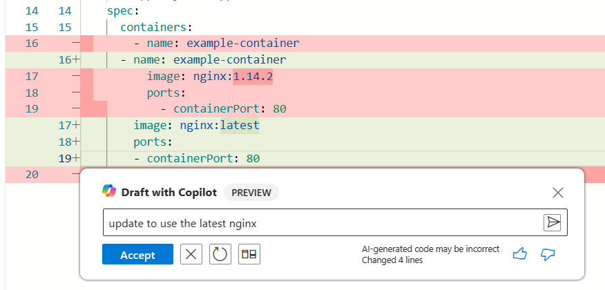 Képernyőkép a YaML-fájlban az Azure-ban végrehajtott Microsoft Copilot-módosításokról.