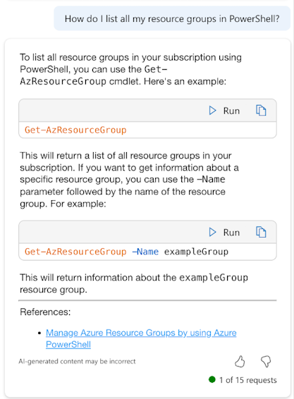 Képernyőkép az Azure-beli Microsoft Copilotról, amely a PowerShell-parancsmagot adja meg az erőforráscsoportok listázásához.