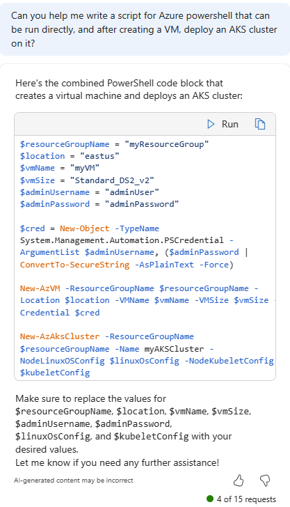 Képernyőkép az Azure-beli Copilotról, amely egy virtuális gépet létrehozó és egy AKS-fürtöt üzembe helyező PowerShell-szkriptet biztosít.