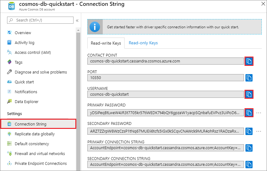 Felhasználónév megtekintése és másolás az Azure Portal Kapcsolati sztring oldaláról