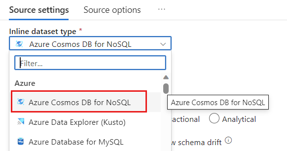 Képernyőkép az Azure Cosmos DB for NoSQL adathalmaztípusként való kiválasztásáról.