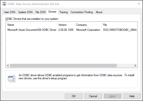 Képernyőkép az ODBC adatforrásadminisztrátor ablakáról.