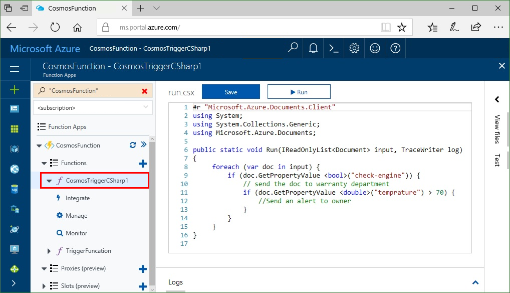 Azure Functions-eseményindító létrehozása az Azure Cosmos DB-hez az Azure Portalon