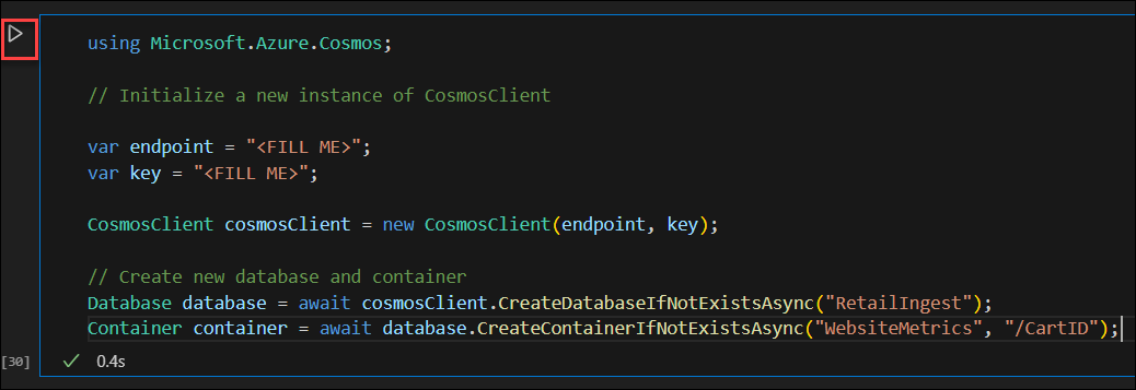 Képernyőkép a Visual Studio Code Jupyter C#-jegyzetfüzetének Végrehajtási celláról.