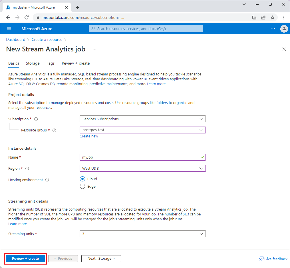 Képernyőkép a Stream Analytics-feladat létrehozása űrlapról.