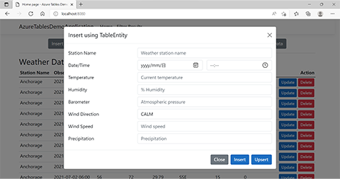Képernyőkép az alkalmazásról, amelyen az adatok TableEntity objektummal való beszúrásához használt párbeszédpanel látható.
