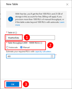 Képernyőkép egy Azure Cosmos DB-tábla Új tábla párbeszédpaneléről.