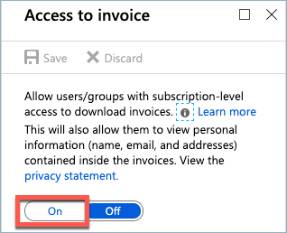 Képernyőkép a számlákhoz való hozzáférés delegálásának be- és kikapcsolásáról