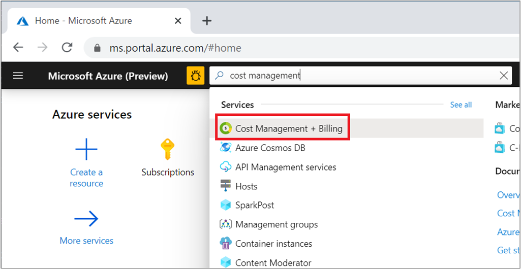 Képernyőkép az Azure Portal Cost Management + Billing keresésről.