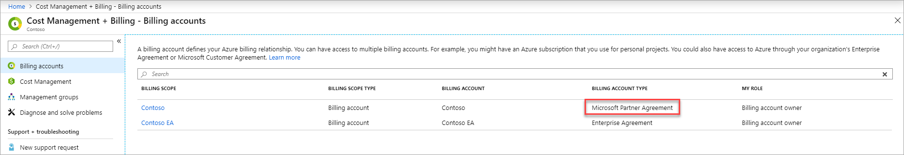 Képernyőkép a Microsoft Partnerszerződés a számlázási fiók listaoldaláról.