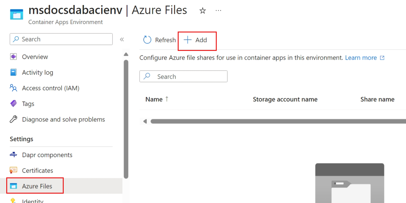 Képernyőkép az Azure Files lehetőségről az Azure Portal erőforrásmenüjében.