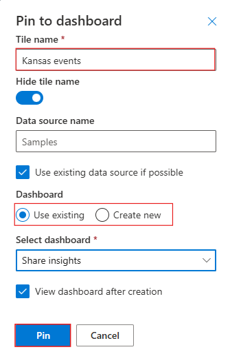 A vizualizáció irányítópultra való rögzítésére szolgáló párbeszédpanel képernyőképe az Azure Data Explorer webes felhasználói felületén.