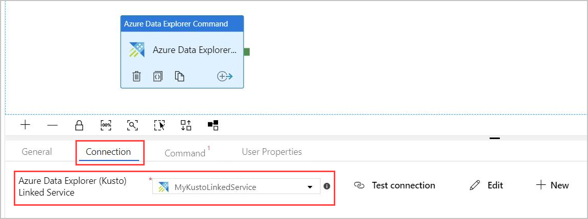 Azure Data Explorer-parancstevékenység kapcsolati lapja.