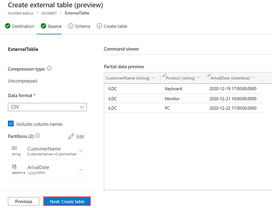 Képernyőkép az Azure Data Explorer séma külső táblázatáról.