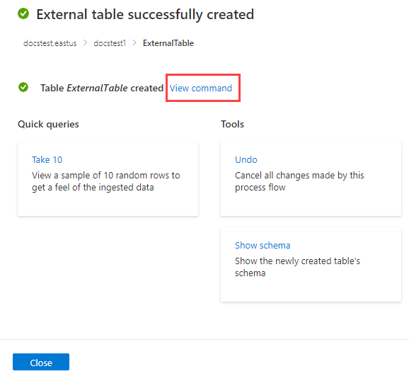 Képernyőkép a külső tábla Azure Data Explorerben való sikeres létrehozásáról.