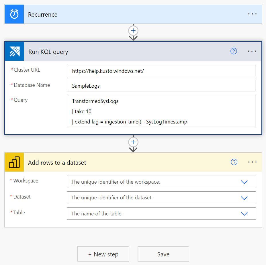 Képernyőkép a Power BI-összekötőről, amelyen egy sor hozzáadása látható egy adathalmazhoz.