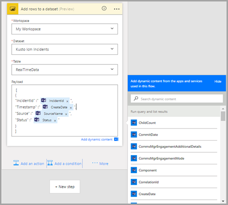 Képernyőkép a Power BI-műveletről, amelyen a műveletmezők láthatók.