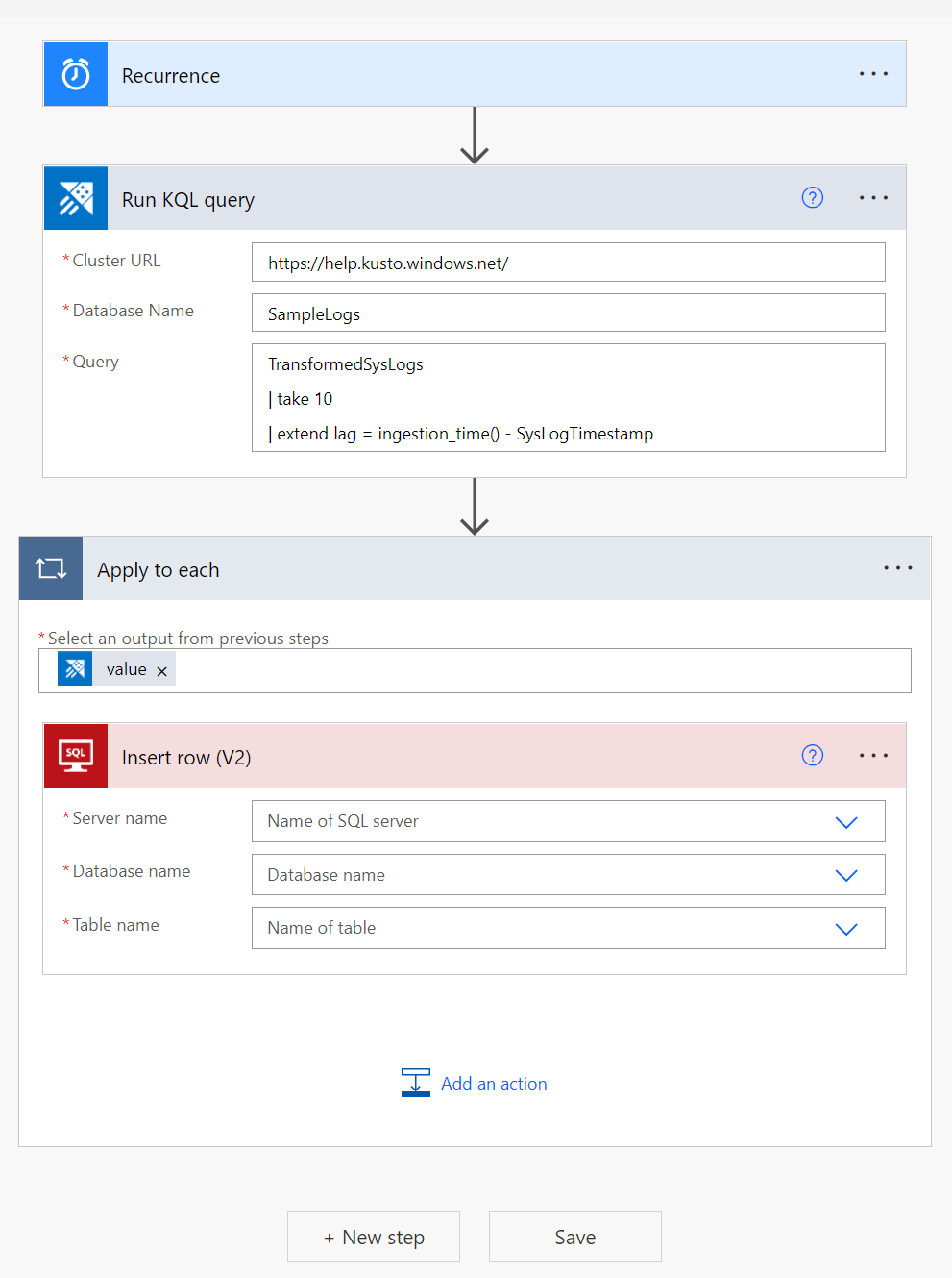 Képernyőkép az SQL-összekötőről, amely az adatok lekérdezését az Power Automate összekötő használatával mutatja be.