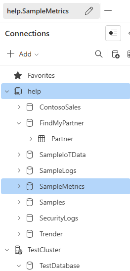 Képernyőkép az Azure Data Explorer U I-fürtkapcsolat paneljéről, amelyen egy fadiagram mintaadatbázisai és táblái láthatók.
