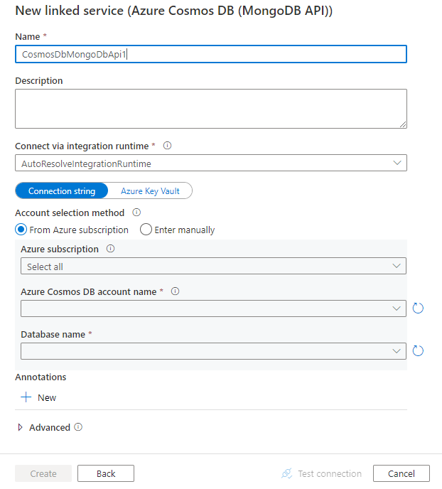 Configure a linked service to Azure Cosmos DB for MongoDB.