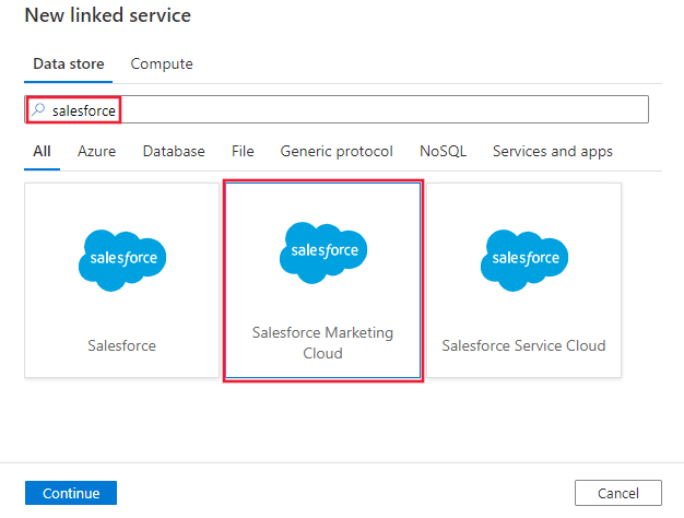 Válassza ki a Salesforce Marketing Cloud-összekötőt.