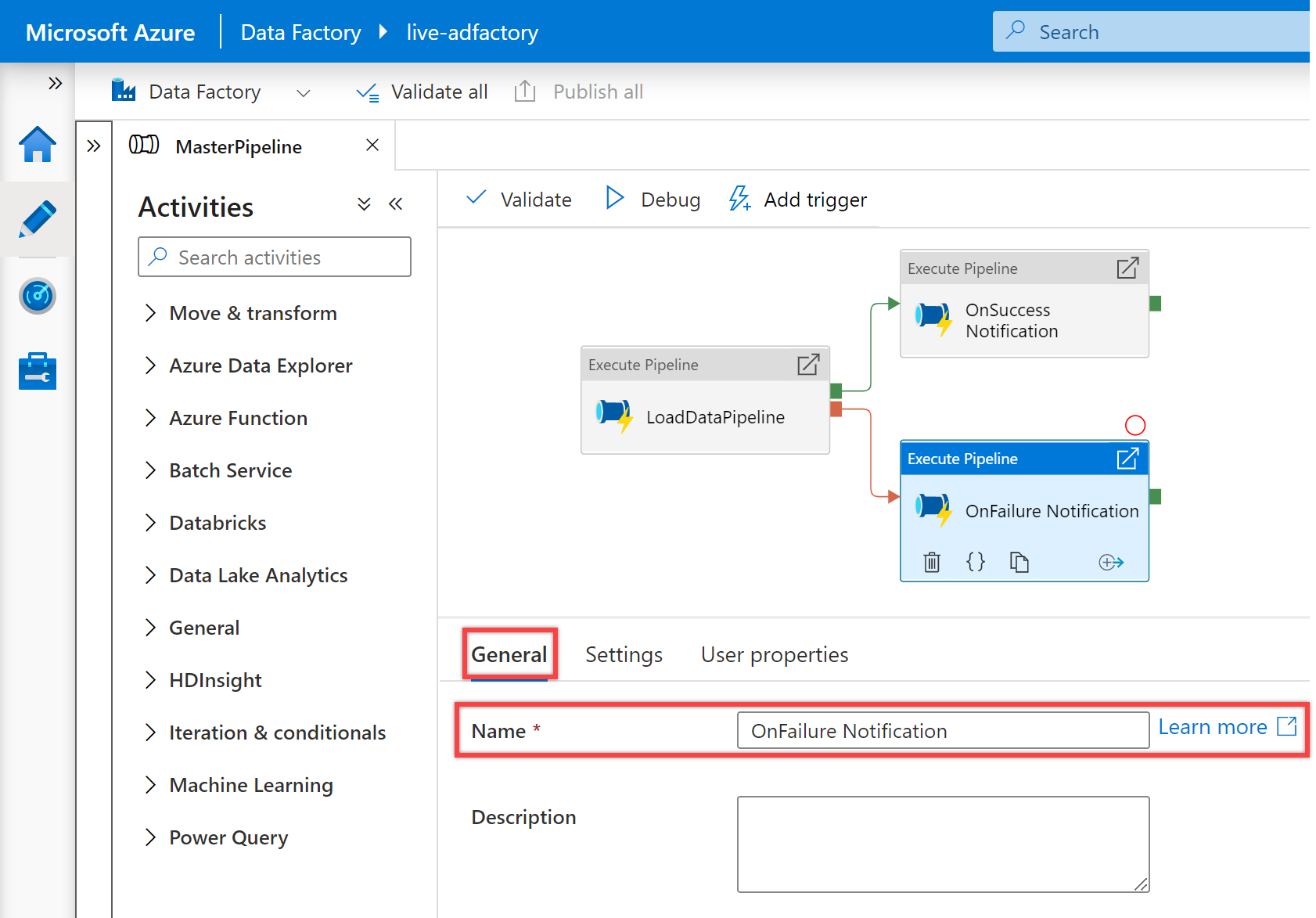 Shows the third "Execute pipeline" activity "OnFailure Notification" general pane for "NotifiyTeamsChannelPipeline" pipeline.