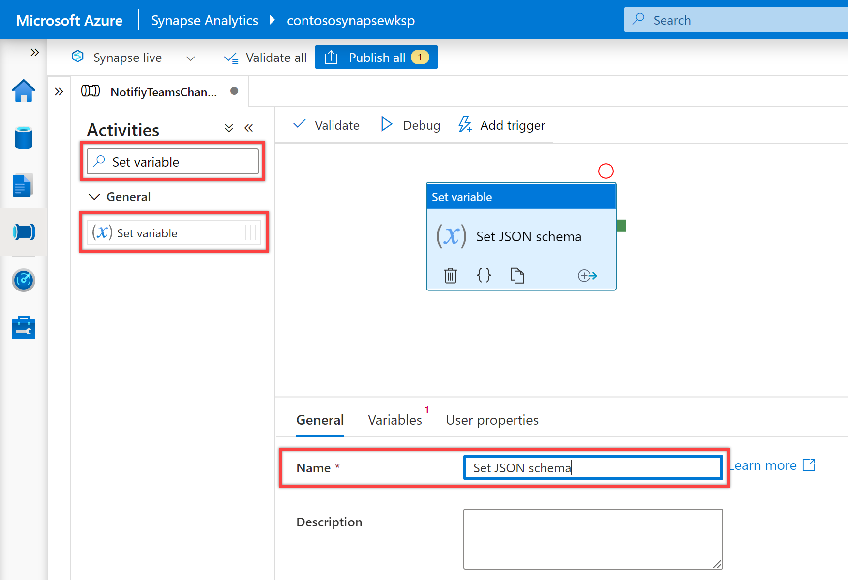 Shows the "Set variable" activity general tab.