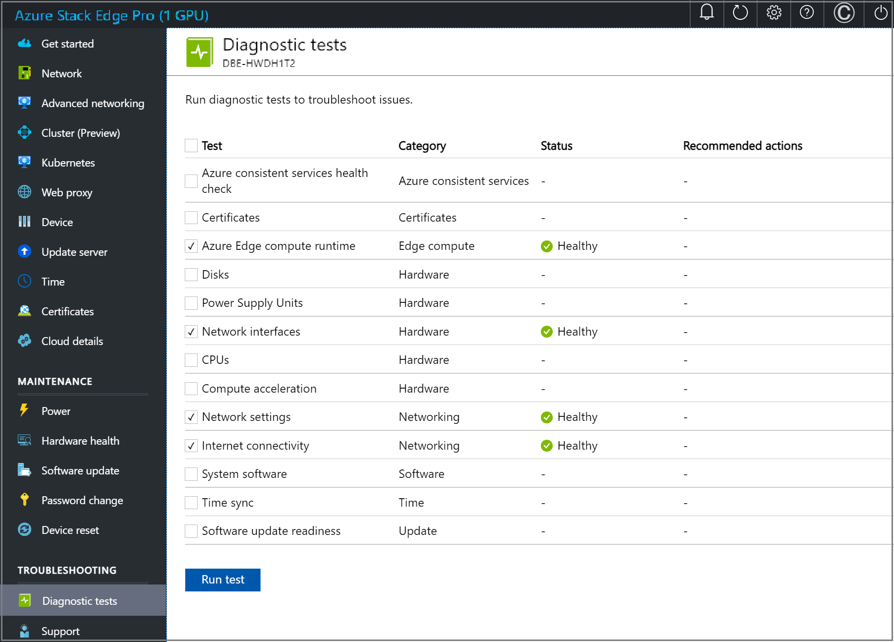 Képernyőkép egy Azure Stack Edge-eszköz helyi webes felhasználói felületén található diagnosztikai tesztek eredményeiről.