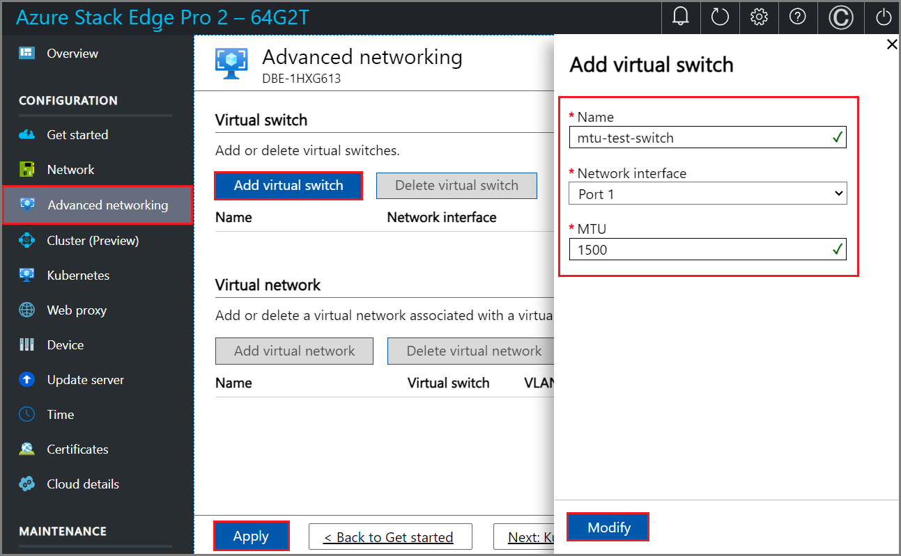 Képernyőkép a Virtuális kapcsoló beállításainak hozzáadása a Speciális hálózatkezelés lapon a helyi felhasználói felületen.